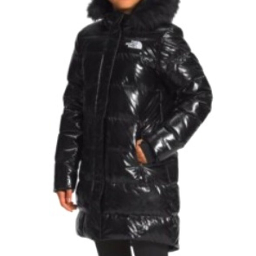 The North Face Kids, Girls, Patent, Black, Fur, Puffer, Size 14-16, Jacket, down